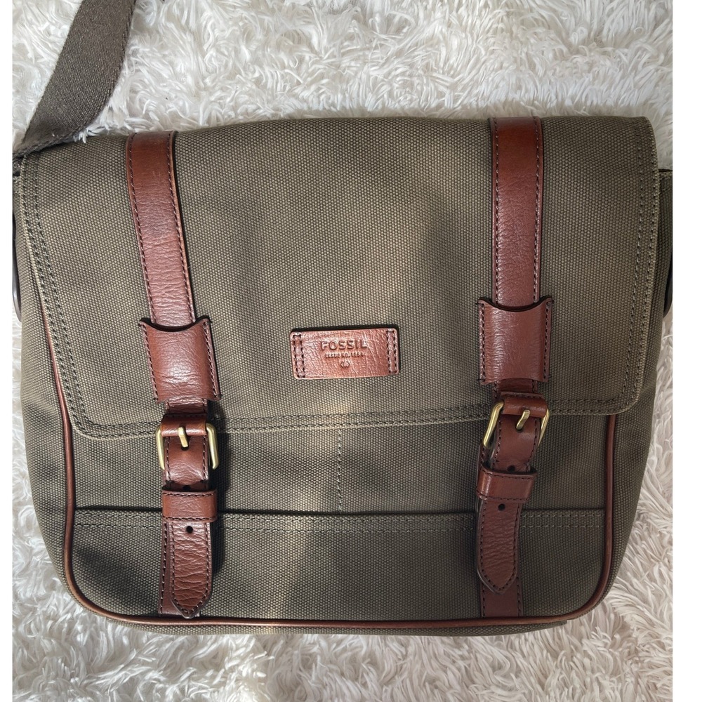 Fossil Olive Green Canvas Leather Trim Messenger Bag Crossbody Satchel Brass